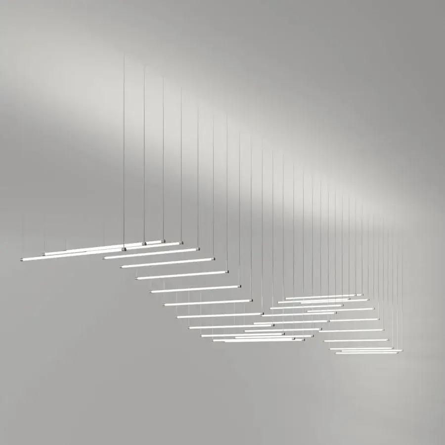 Architectural Stillux Line 19 suspension lamp with thirty horizontal LED tubes crafted in matte aluminum and a neutral light gray finish