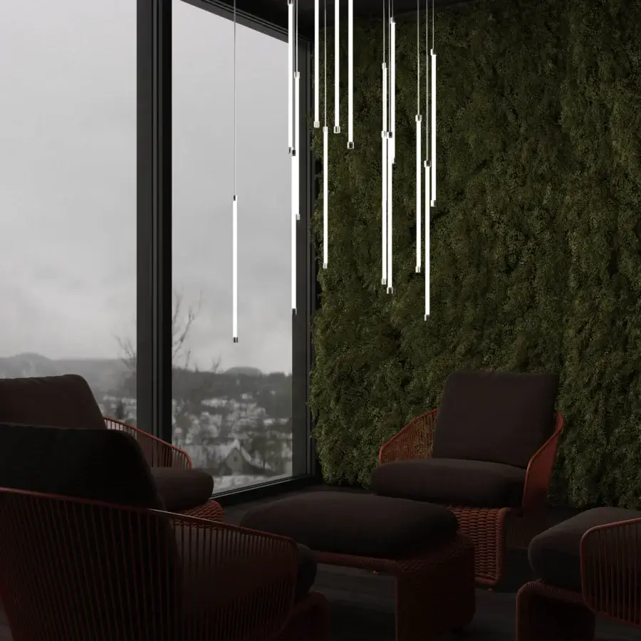 Elegant Stillux Line 18 suspension lamp with fifteen vertical LED tubes delivering soft diffused illumination crafted in Italy