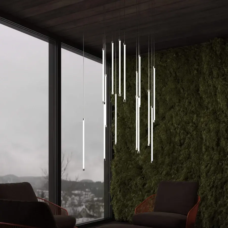 Superior Stillux Line 18 suspension lamp with fifteen vertical LED tubes crafted in metal with a smooth matte finish