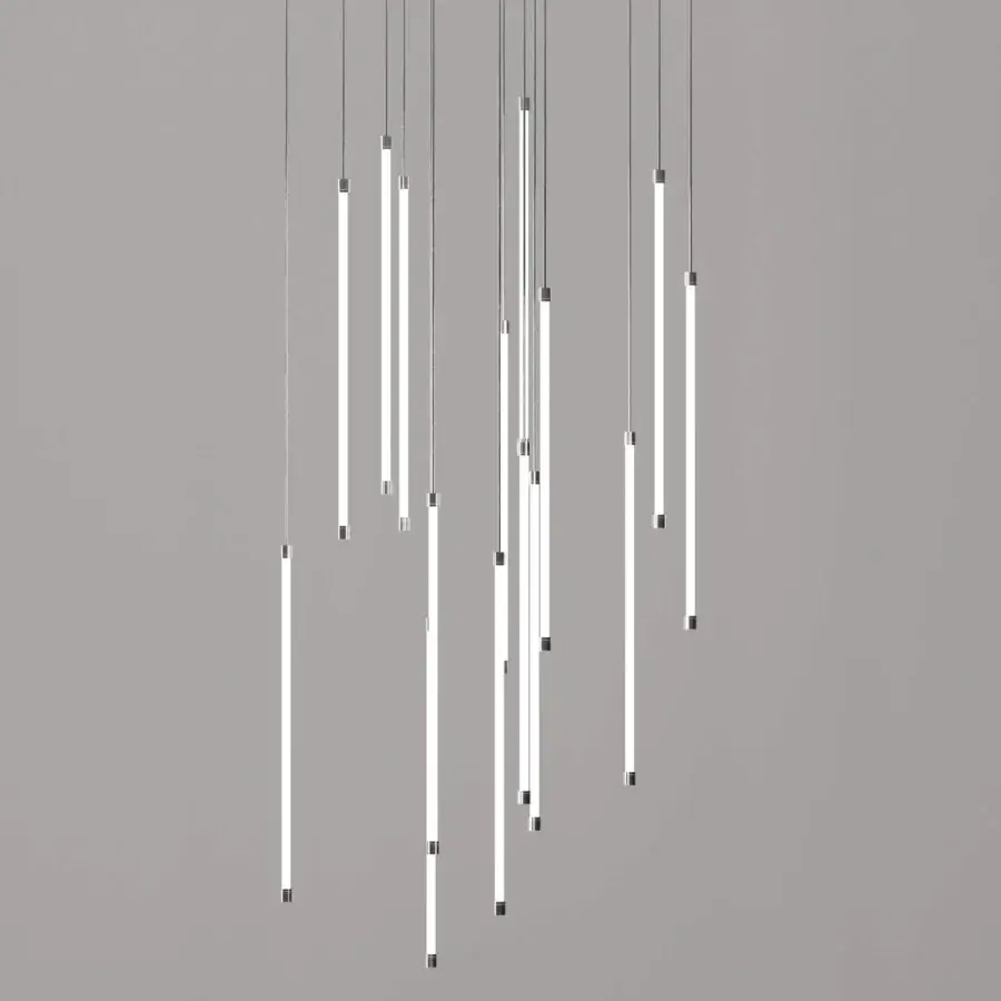 Elegant Stillux Line 18 suspension lamp with fifteen vertical LED tubes in matte metal and a clean white glow