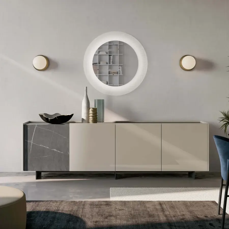 Distinctive Dallagnese Wrap Sideboard with stoneware top and wood doors in a neutral beige/light gray finish crafted in Italy