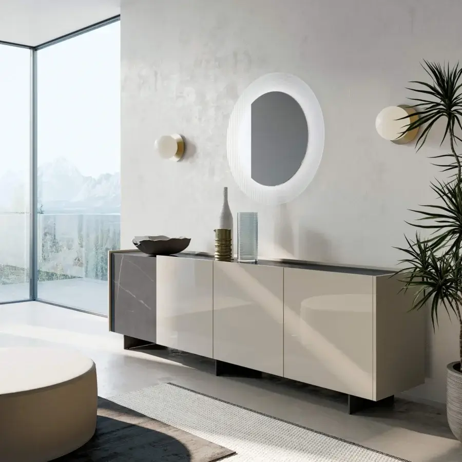 Superior Dallagnese Wrap Sideboard with stoneware top and light grey wood doors in a glossy finish