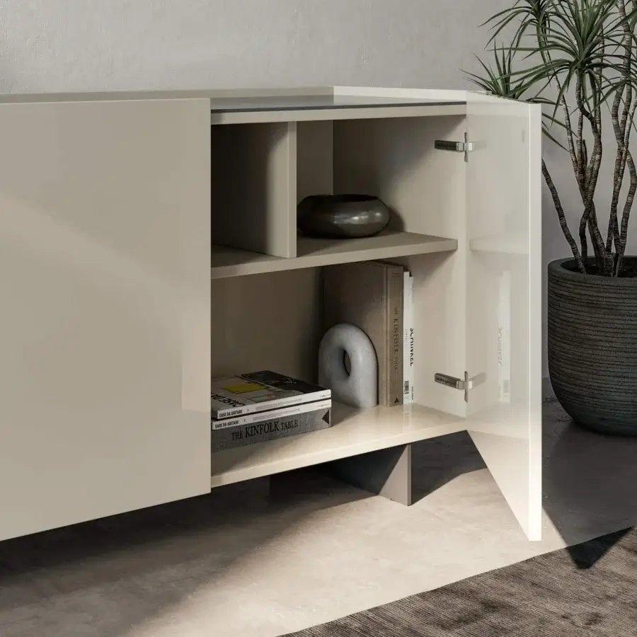 Distinguished Dallagnese Wrap Sideboard with sage green wood and extending stoneware top crafted in Italy