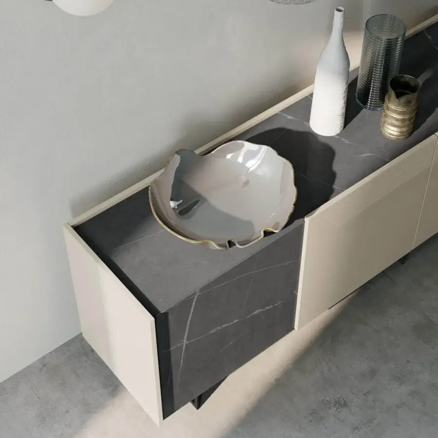 Exceptional Dallagnese Wrap Sideboard with pale beige and dark gray wood doors plus stoneware top