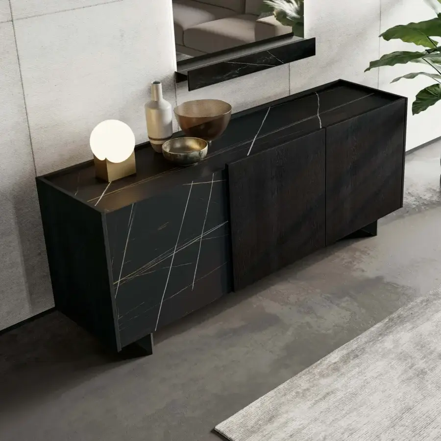 Distinguished Dallagnese Wrap Sideboard storage with dark wood and dramatically veined stoneware top in matte finish