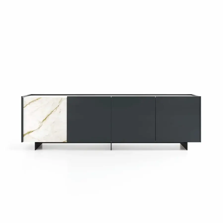 Elegant Dallagnese Wrap Sideboard storage crafted with dark gray wood composite and lustrous white and gold veined stoneware