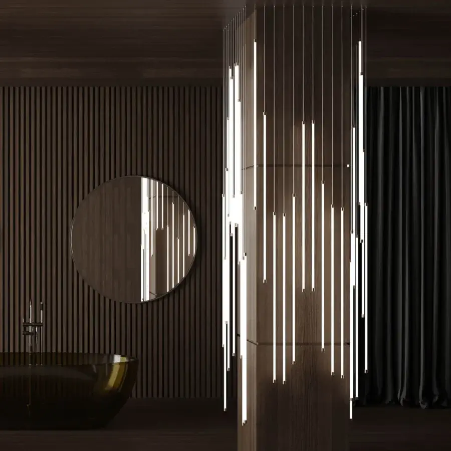 Innovative Stillux The Line 20 suspension lamp with fifty vertical tubes crafted in satin dark brown wood delivers refined illumination