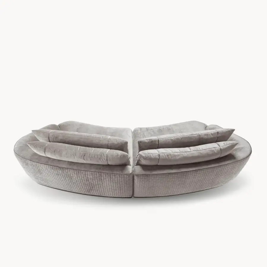 Lavish Visionnaire Holden sofa with muted gray textile, differentiated-height padding and shaped wooden feet