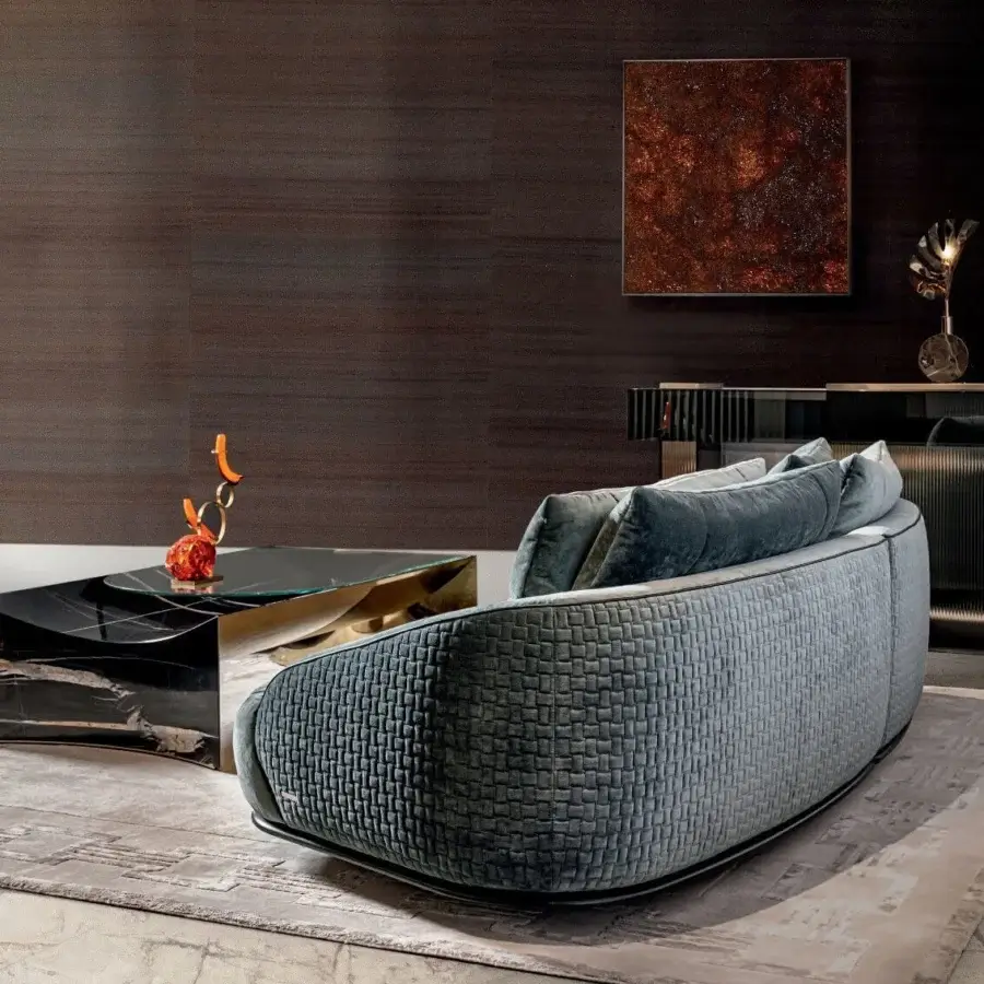 Exceptional Visionnaire Holden sofa with quilted gray-blue textile, wooden frame and differentiated-height goose down padding