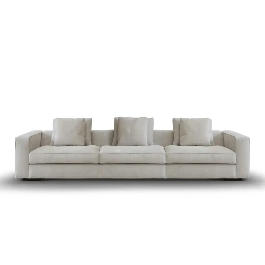 Refined CTS Salotti Clay Square sofa with light beige textured fabric upholstery and stained beech base