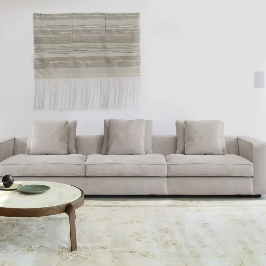 Distinguished CTS Salotti Clay Square sofa with muted clay textile upholstery and contrasting piping detailing built with a stained beech base