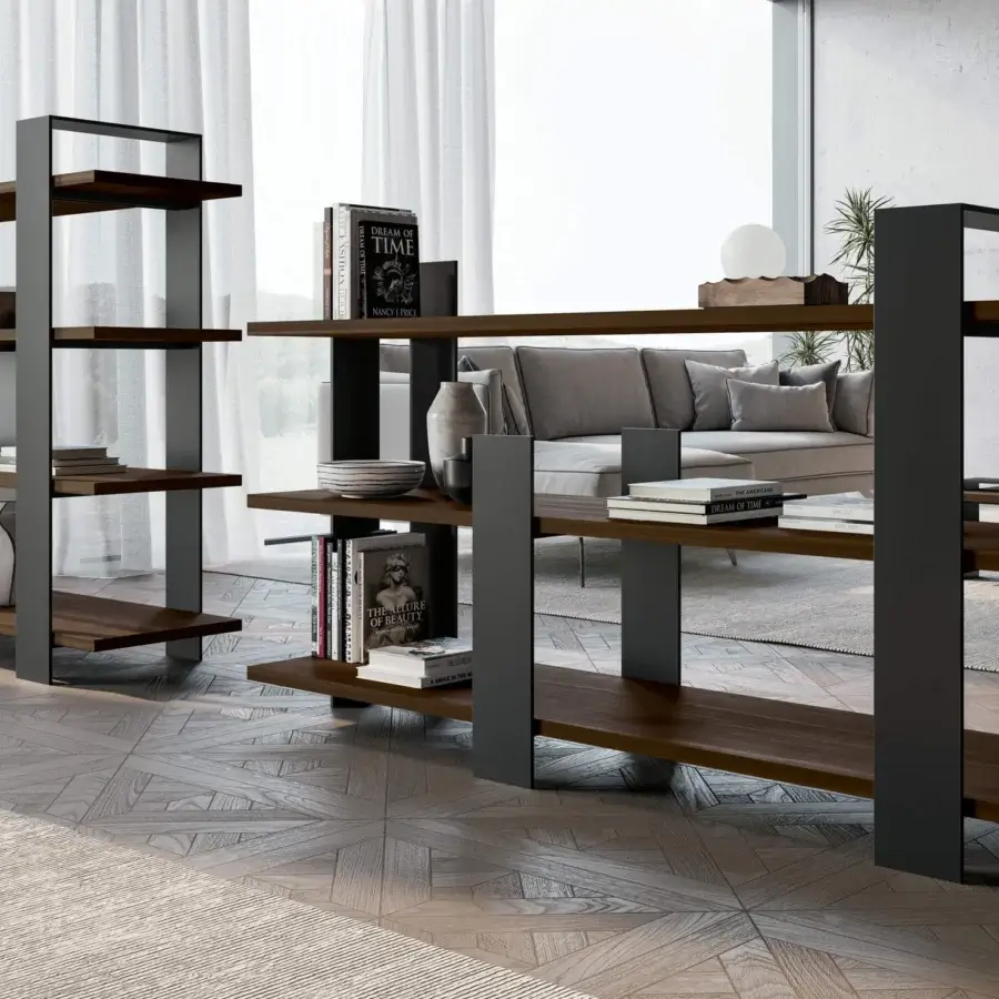 Distinguished Dallagnese Kyoto bookcase with medium-dark brown wood veneer shelves and a refined metal structure