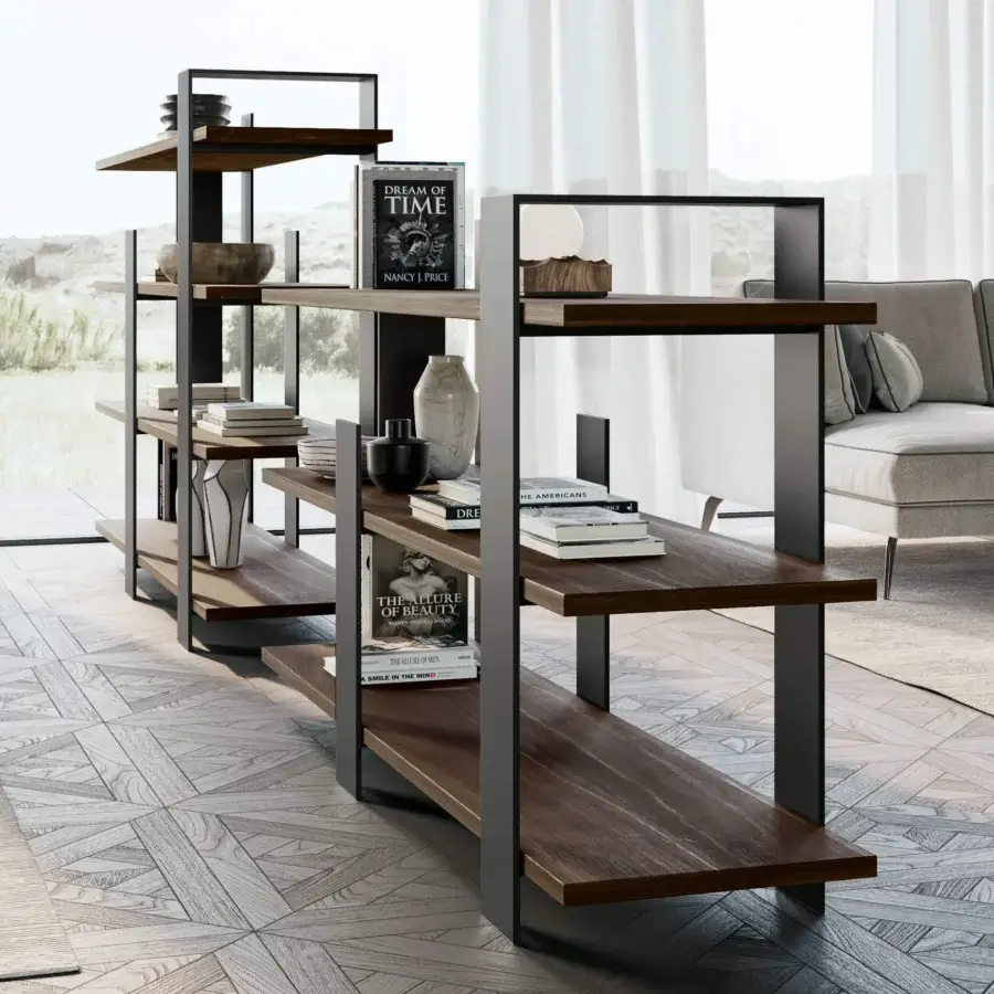 Architectural Dallagnese Kyoto bookcase with warm brown wooden shelves in satin veneer and a dark matte metal frame