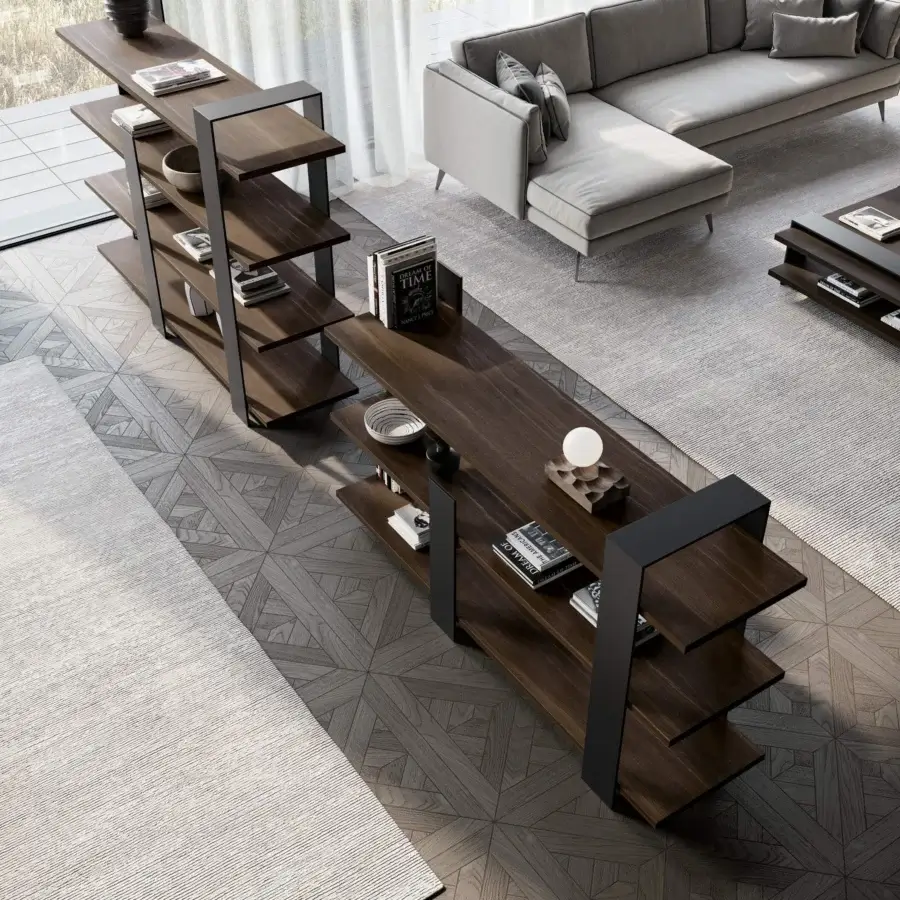 Distinguished Dallagnese Kyoto bookcase with dark metal supports and medium-dark brown wooden shelves in satin finish