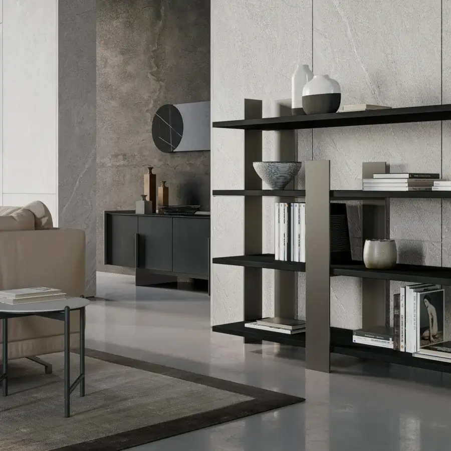 Exceptional Dallagnese Kyoto bookcase with a matte dark gray metal frame and medium-brown veneer wooden shelving