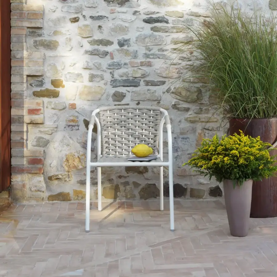 Distinguished Roberti Rattan Capri armchair with durable searope and powder-coated aluminum in a sophisticated white finish