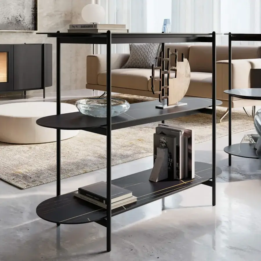 Distinguished Dallagnese Supernova bookcase crafted with dark wood and matte black metal creating a visually light form