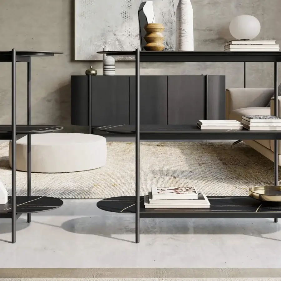 Exceptional Dallagnese Supernova bookcase crafted in dark wood and matte dark gray metal with a sculptural double-sided design