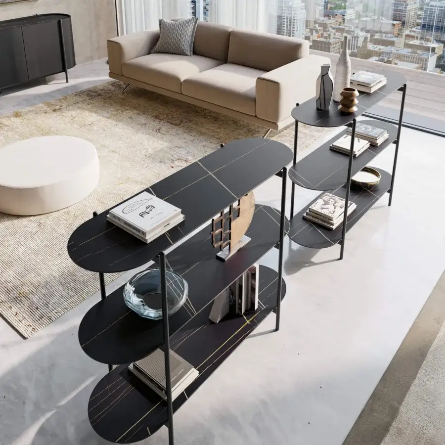 Distinguished Dallagnese Supernova bookcase with dark gray metal and wood shelving in satin finish, presenting a visually light, asymmetrical form