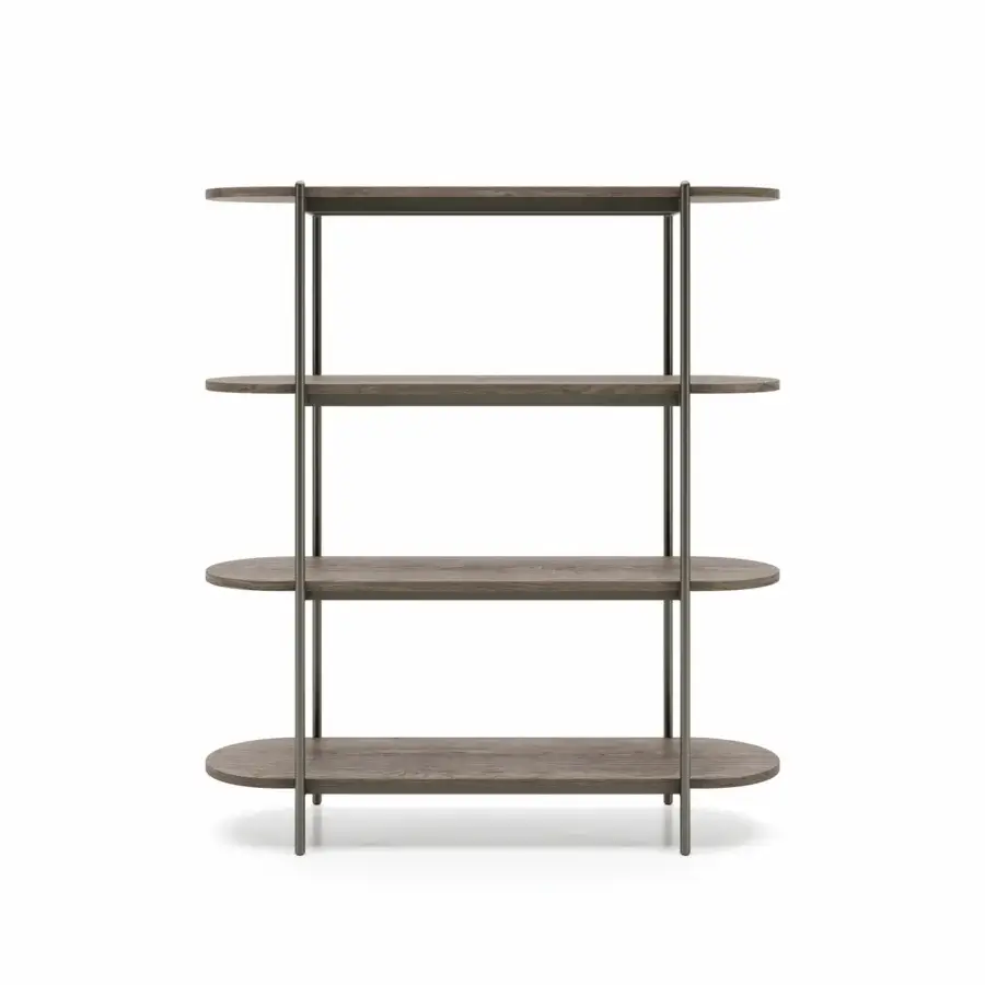 Elegant Dallagnese Supernova bookcase with matte medium-brown wood shelving and dark gray metal framing in a refined finish