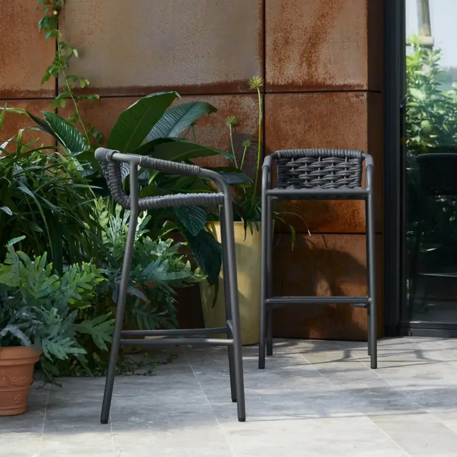 Distinguished Roberti Rattan Capri stool with dark grey searope woven around a powder-coated aluminum frame