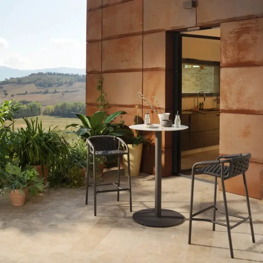 Elegant Roberti Rattan Capri stool crafted with dark gray searope and a powder-coated aluminum frame