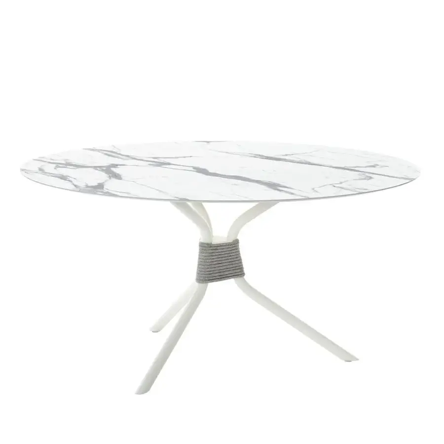 Distinguished Roberti Rattan Capri table with round HPL top, white marble-like finish and powder-coated steel base with grey searope wrap