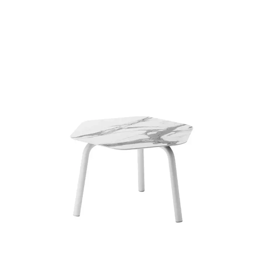 Elegant Roberti Rattan Capri table with white marble-look hexagonal HPL and matte white powder-coated aluminum base