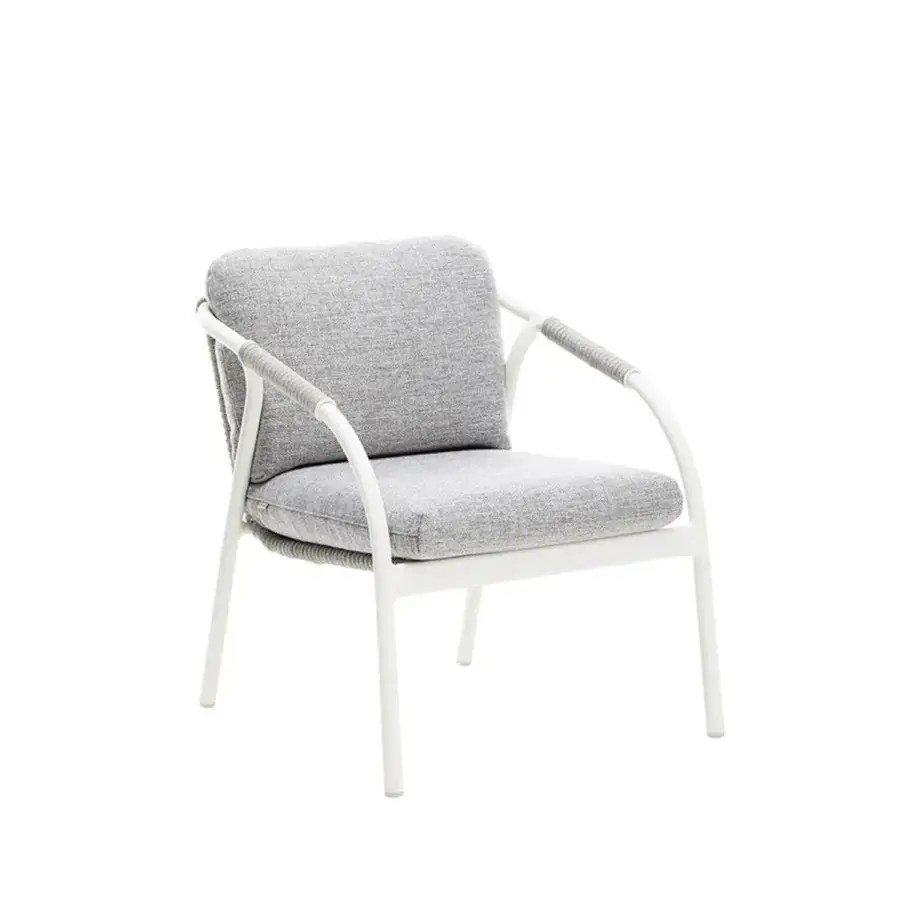 Distinguished Roberti Rattan Capri lounge chair with gray searope woven around a powder-coated aluminum frame