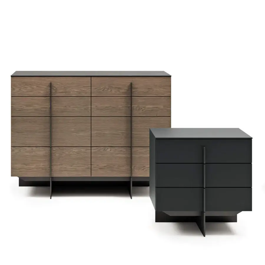 Superior Dallagnese Katana dresser with twelve drawers in satin medium brown wood and sculptural dark metal base