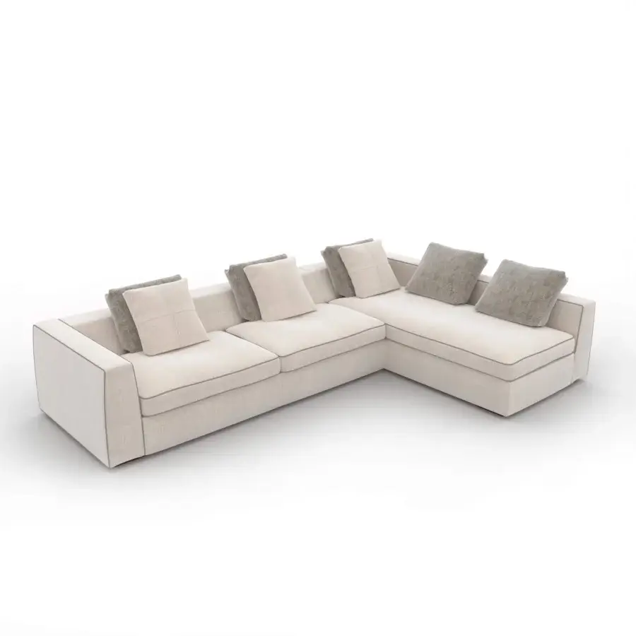 Distinguished CTS Salotti Clay sectional upholstered in textured light beige textile with contrasting gray cushions and refined piping details
