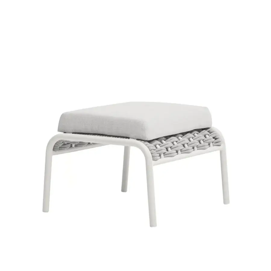 Elegant Roberti Rattan Capri pouf with pale gray textile cushion and durable searope woven around a powder-coated aluminum frame