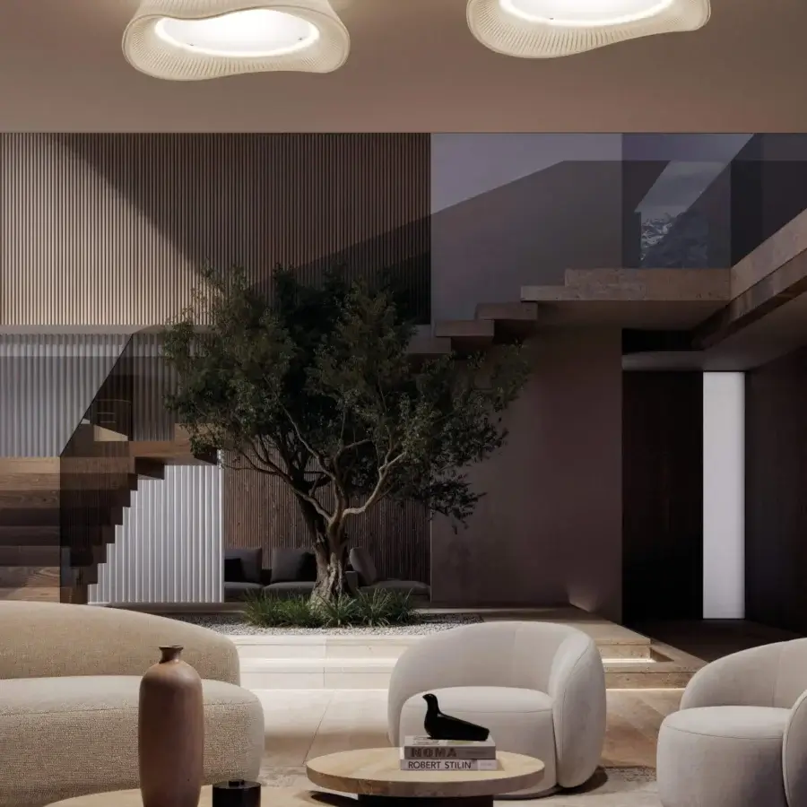 Distinguished Modo Luce Cocò Demi ceiling lamp with flowing organic form and warm white pleated fabric plus opal plex diffuser crafted in Italy