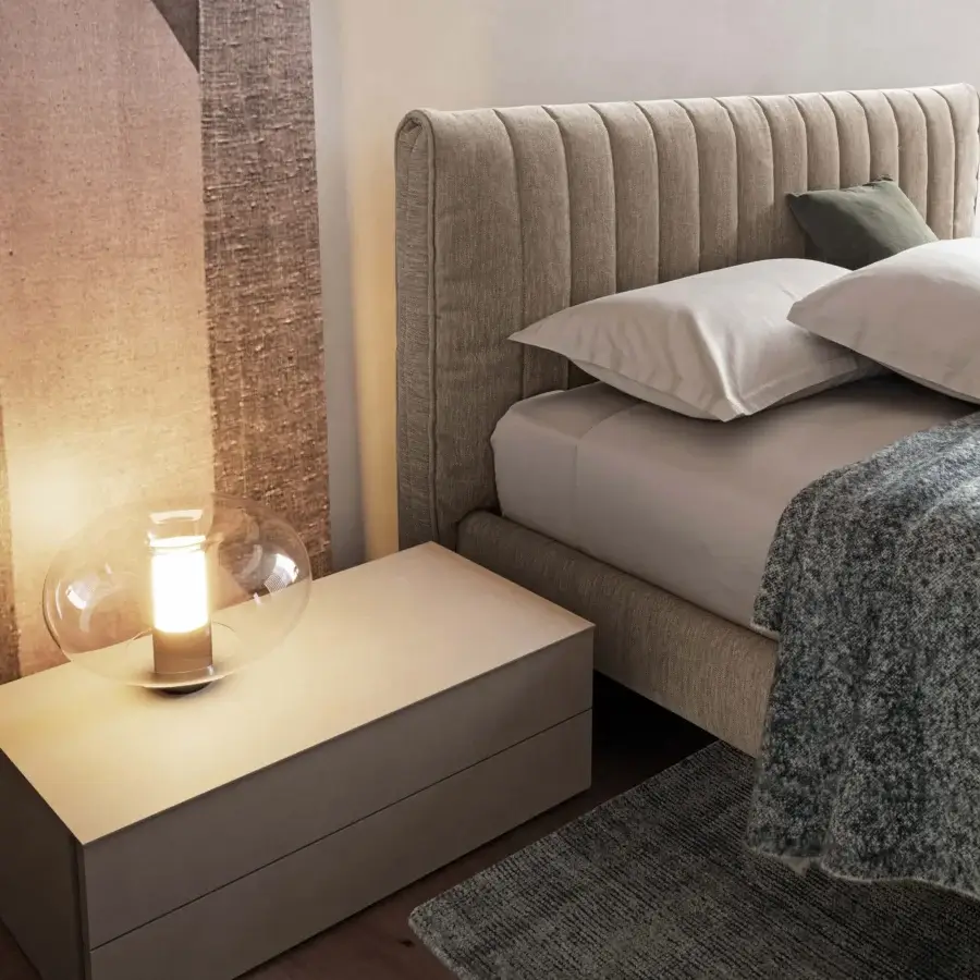 Refined Dallagnese Lama nightstand in beige-grey with a flush drawer opened by a vertical metal groove and smooth matte finish