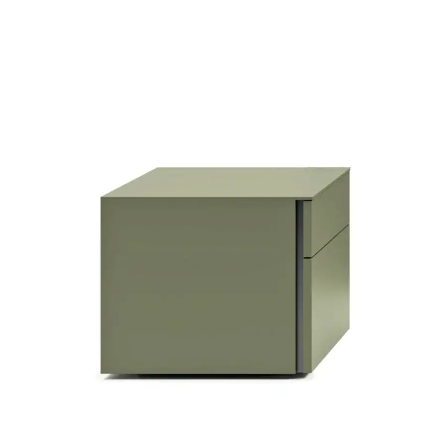 Exceptional Dallagnese Lama nightstand in olive green crafted with a smooth matte surface and vertical metal groove profile