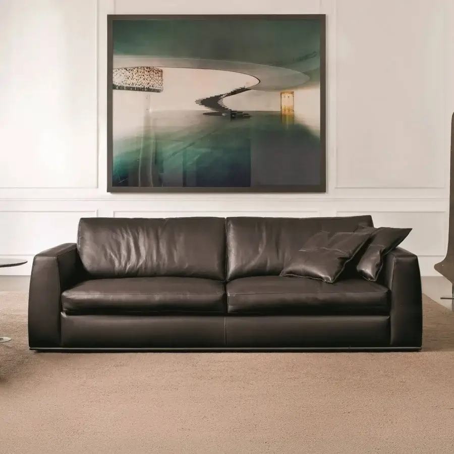 Distinguished CTS Salotti Andy sofa in dark brown leather with clean lines and a minimalist aesthetic crafted in Italy