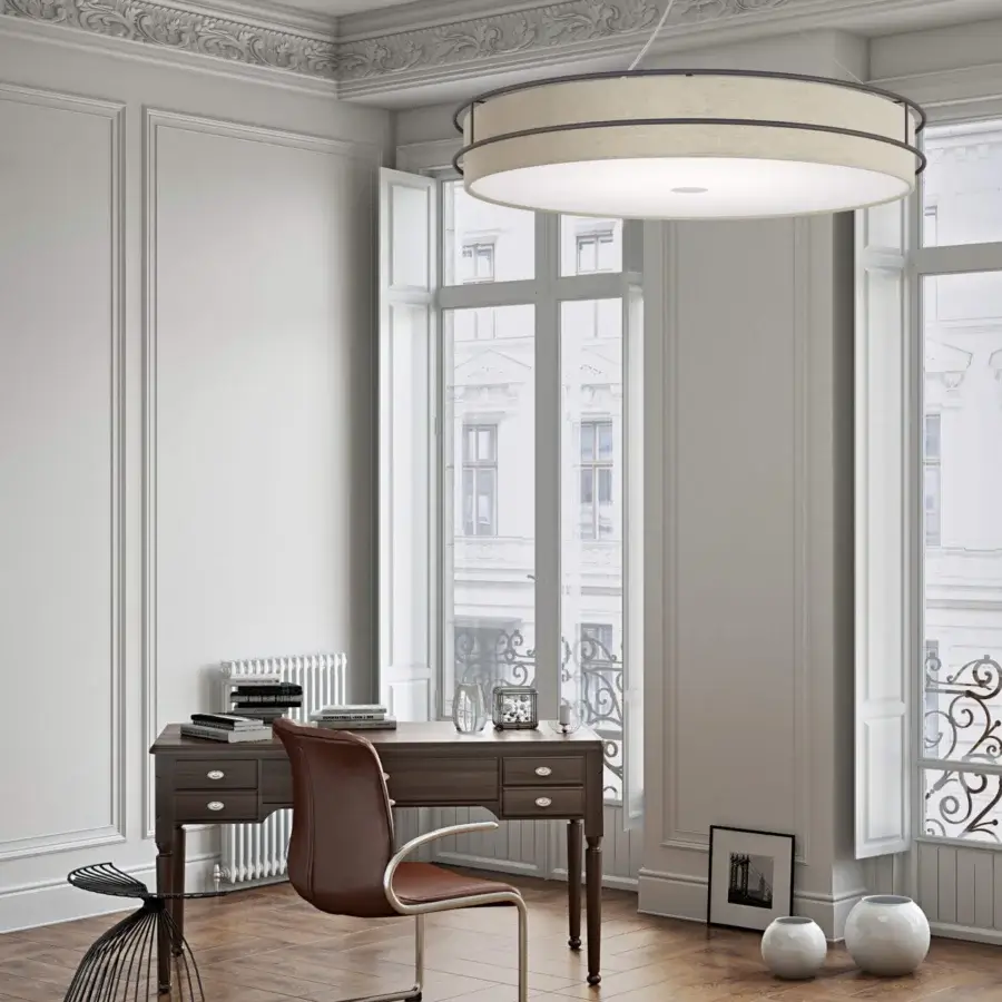 Distinguished Modo Luce Hoop suspension lamp in white painted metal with a cotton lampshade and opal plex diffuser