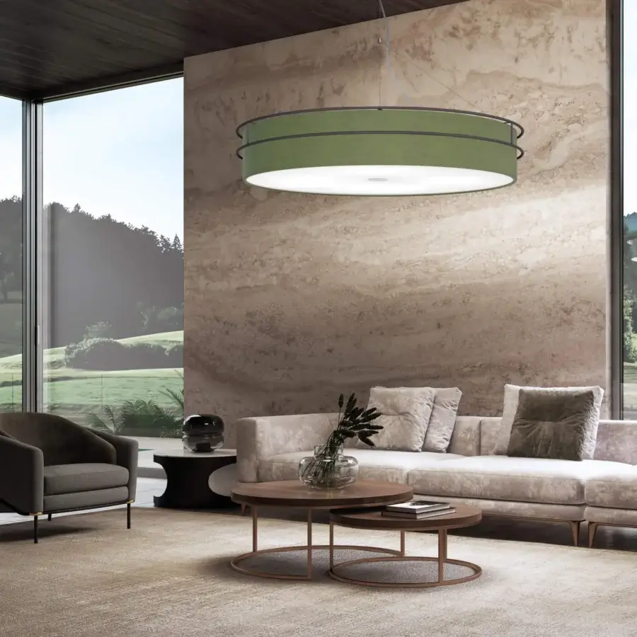 Superior Modo Luce Hoop suspension lamp crafted in pale gold painted metal with an olive-green Kvadrat fabric shade