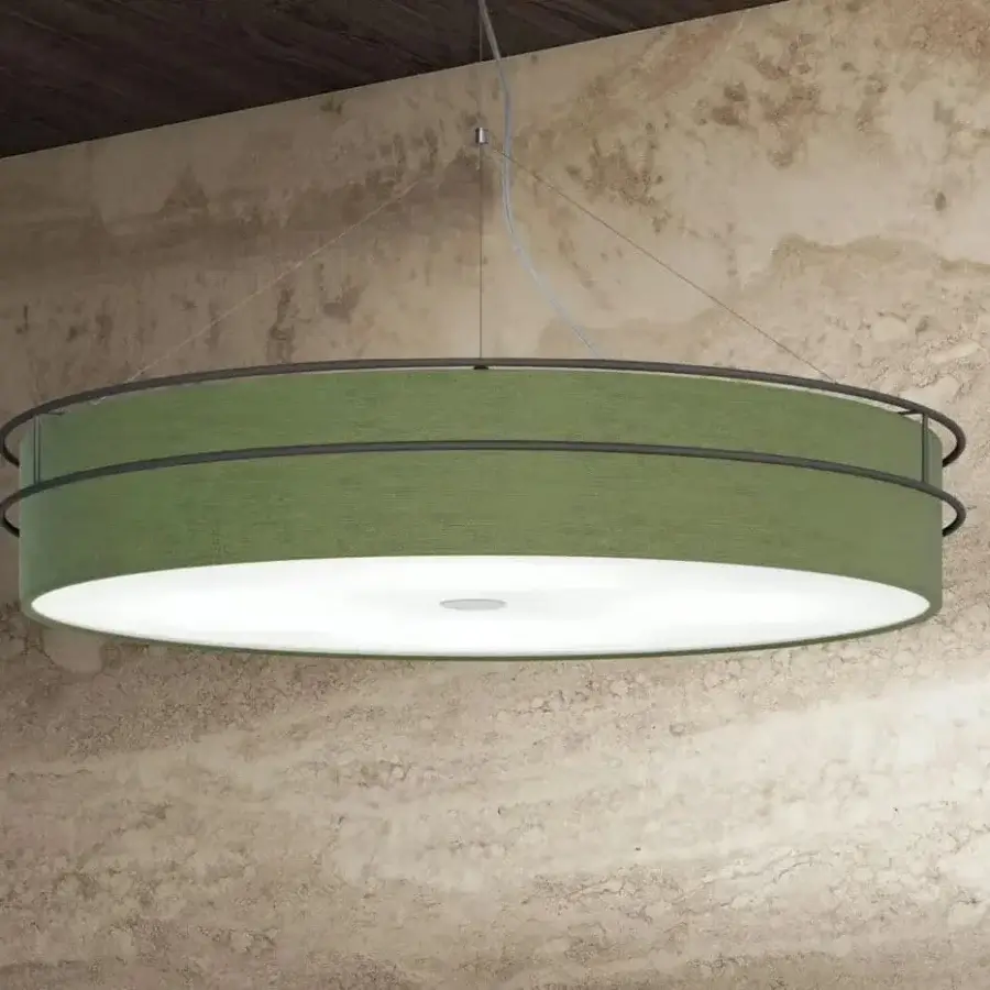 Exceptional Modo Luce Hoop suspension lamp with graphite double metal rings and contemporary olive green cotton lampshade