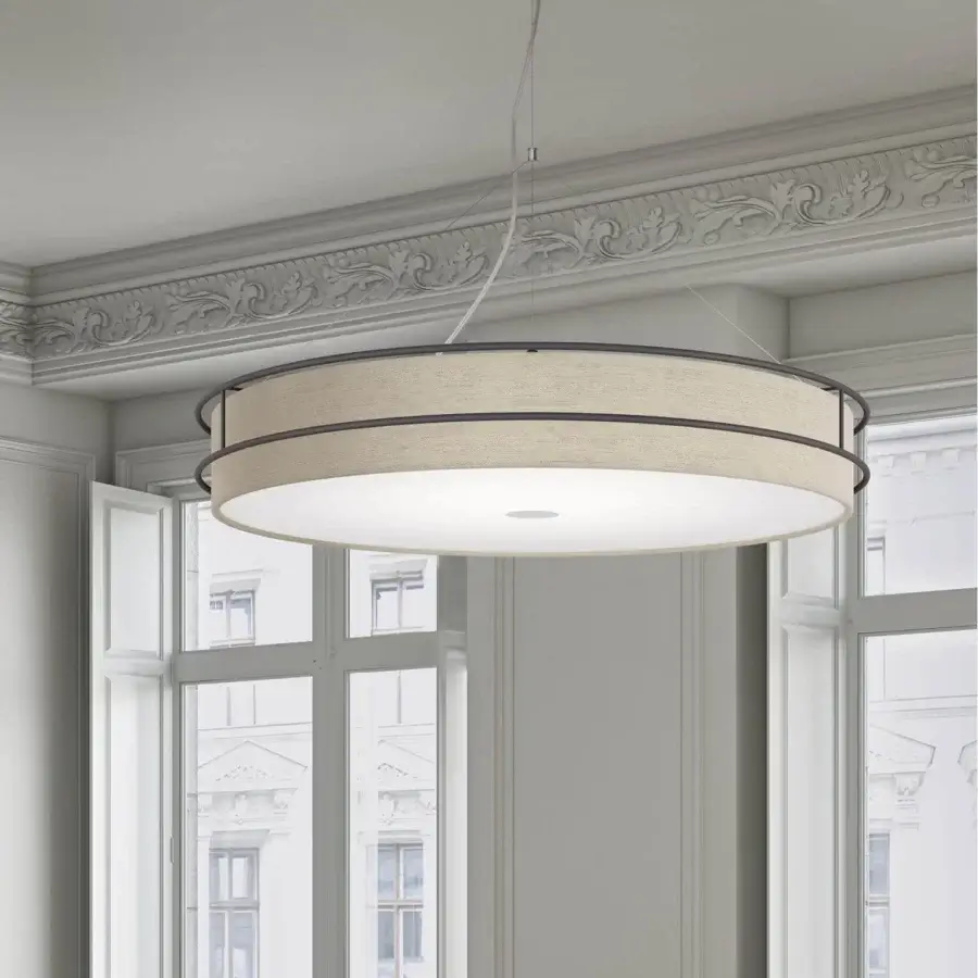 Distinguished Modo Luce Hoop suspension lamp with a neutral beige Kvadrat fabric shade and dark graphite painted metal ring