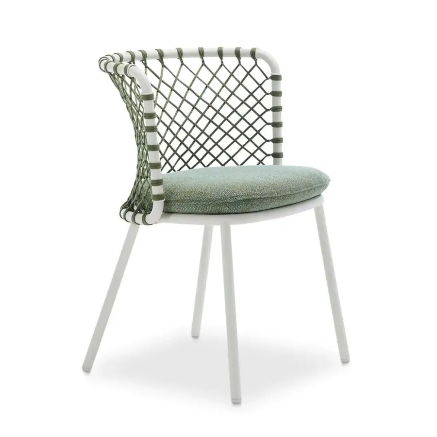 Exceptional Roberti Rattan Charme armchair crafted in steel with a light greenish-blue seat and green woven backrest