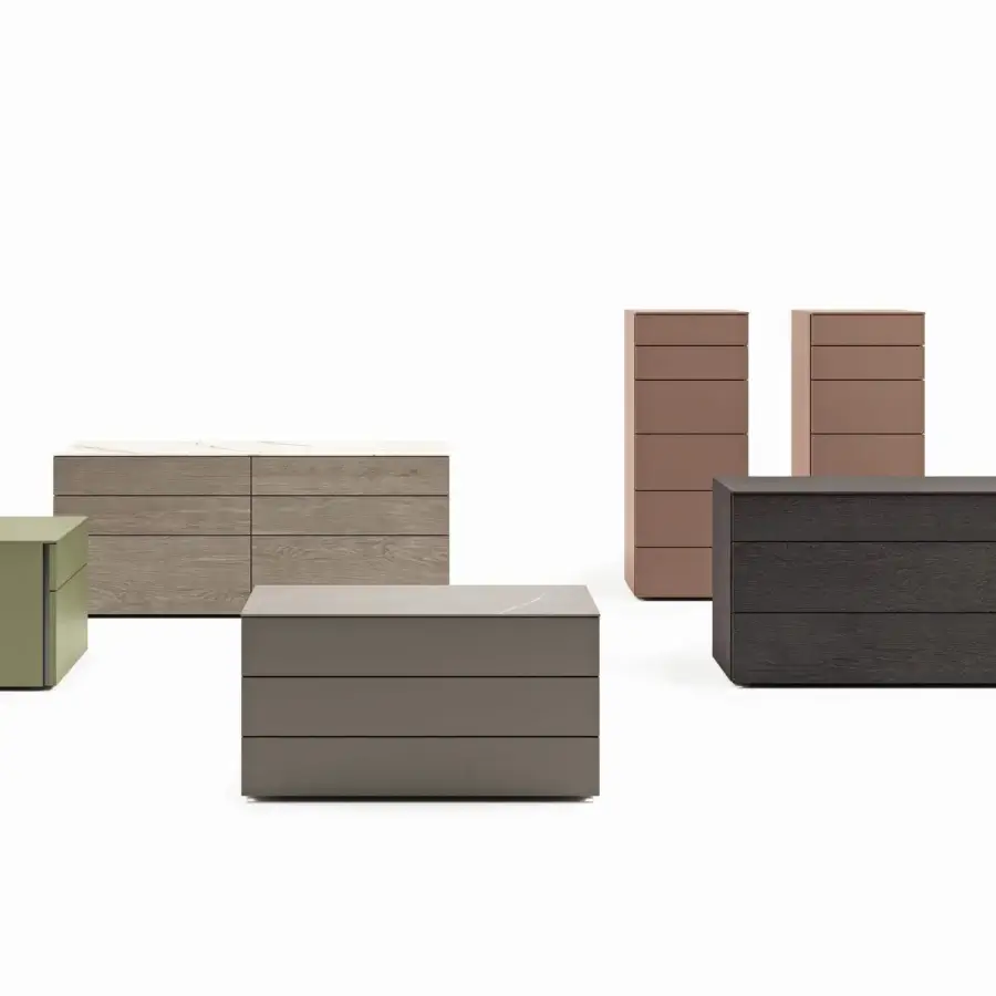 Architectural Dallagnese Lama dresser with olive green satin wood and light stone top presents integrated metal grooves