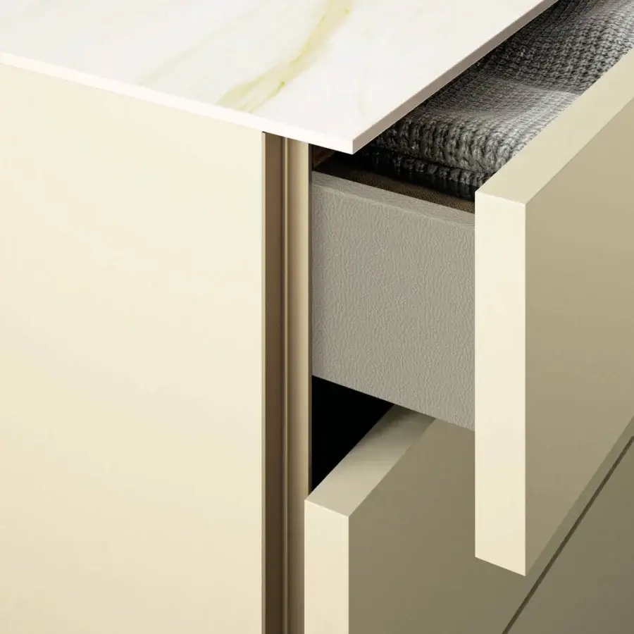 Distinctive Dallagnese Lama dresser with beige finish and glossy cream and gold stone-effect tabletop crafted in Italy