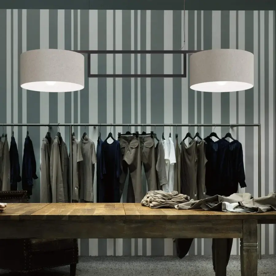 Superior Modo Luce Gregory suspension lamp with neutral beige textile lampshade and dark metal frame crafted in Italy