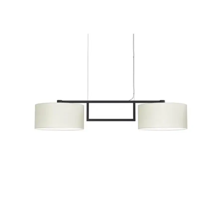 Exceptional Modo Luce Gregory suspension lamp with matte black metal frame and off-white textile lampshades crafted in Italy