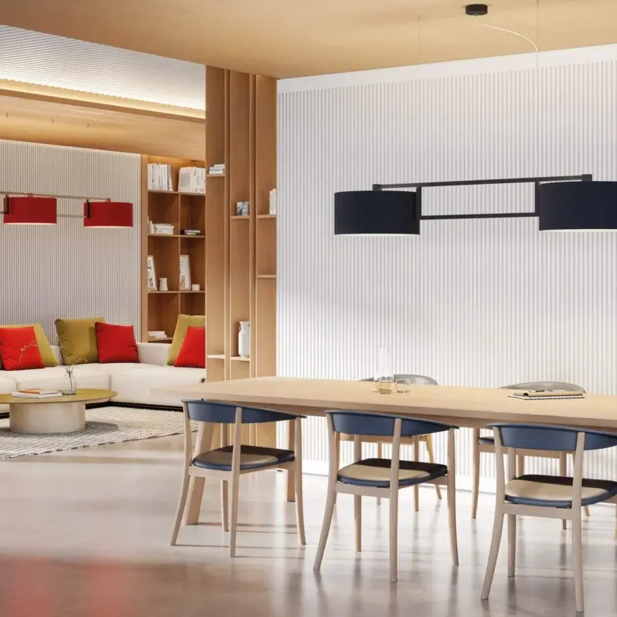 Elegant Modo Luce Gregory suspension lamp with white metal structure and Kvadrat fabric lampshade crafted in Italy