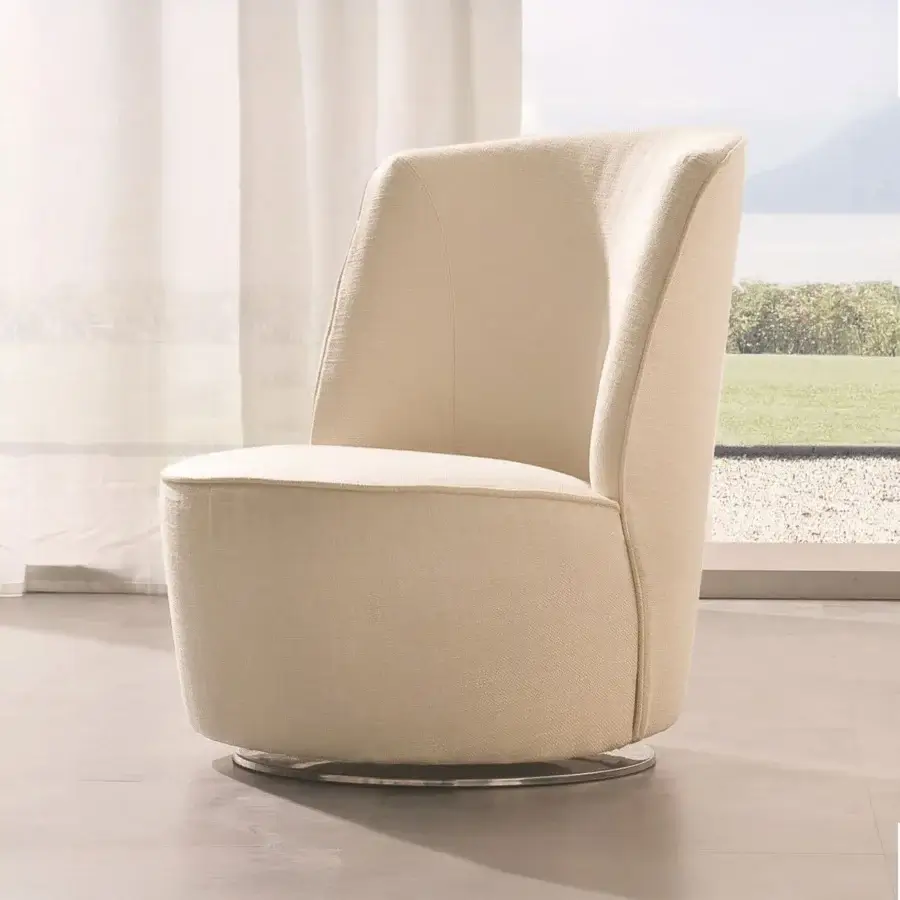 Exquisite CTS Salotti Cocoon lounge chair fully upholstered in textured neutral beige textile with a sleek metal swivel base