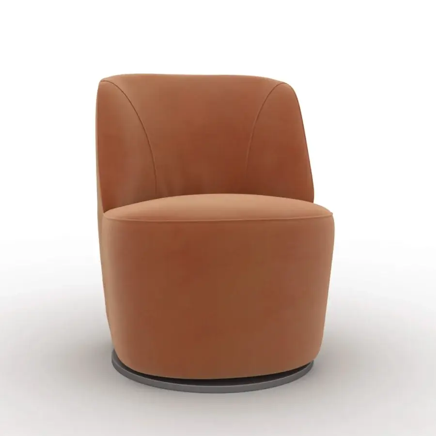 Distinguished CTS Salotti Cocoon lounge chair upholstered in subtly textured orange-brown fabric with a sleek dark metal swivel base