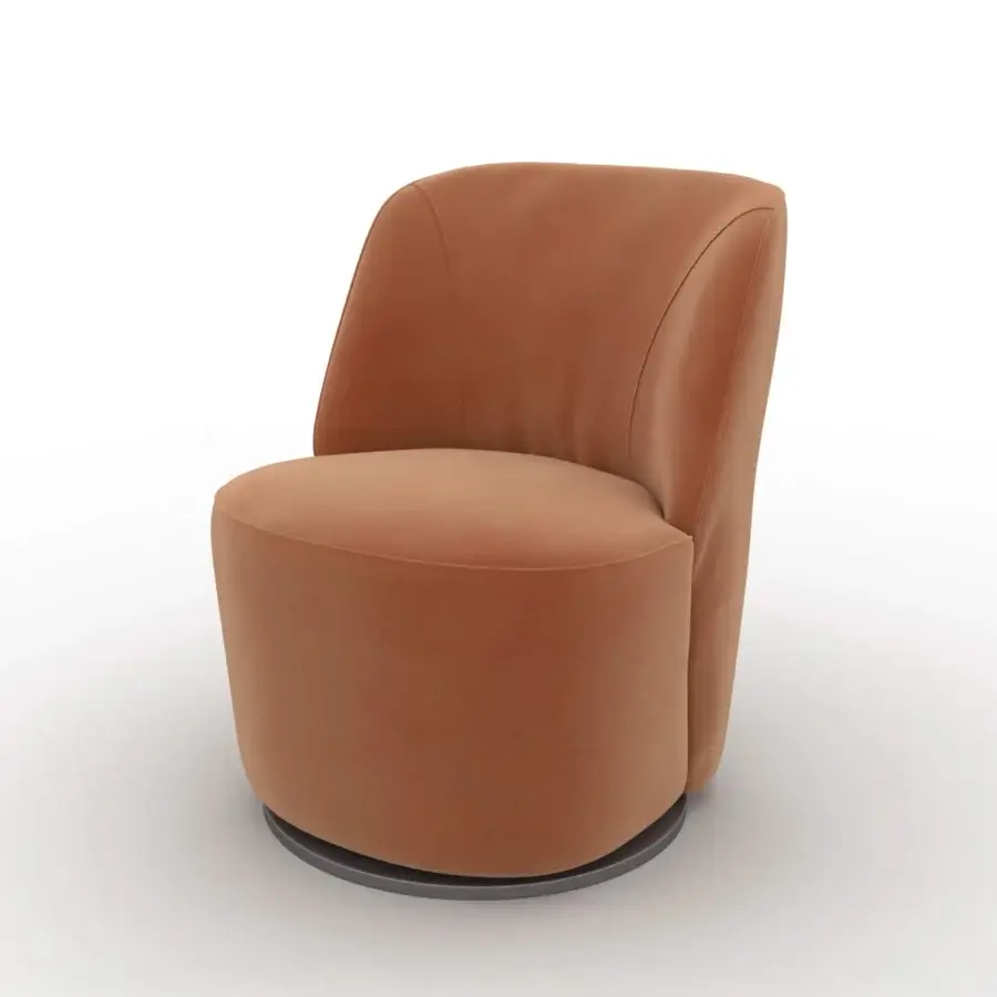 Exceptional CTS Salotti Cocoon lounge chair fully upholstered in subtly textured terracotta-toned textile with sleek metal swivel base