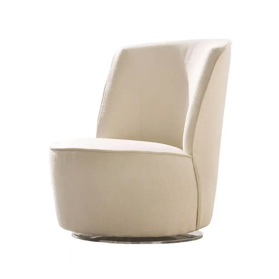 Elegant CTS Salotti Cocoon lounge chair upholstered in light beige textile with subtle matte finish and sleek metal swivel base